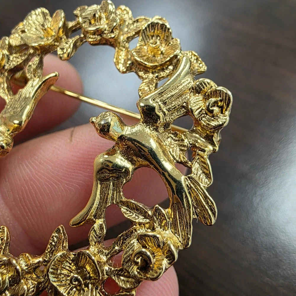 Vintage Gold Tone Bird and Rose Wreath Brooch Pin Nature Inspired Floral Wreath